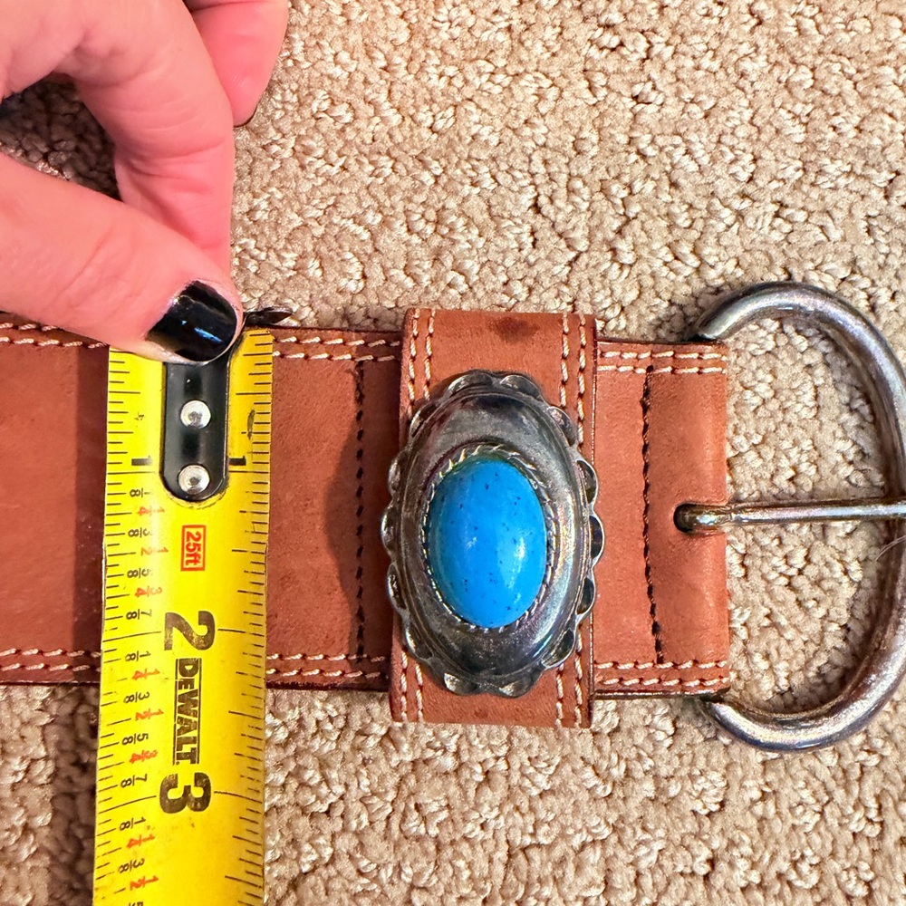 Vintage Genuine Brown Leather Belt with Blue Stone Accent made in Italy ๐ฎ๐น - Picture 8 of 9